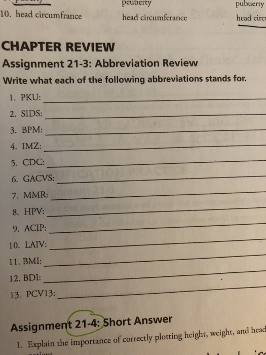 10. head circumfrance peuberty head circumferance pubuerty head circ CHAPTER REVIEW Assignment 21-3: Abbreviation Review Writ