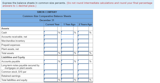 Express the balance sheets in common-size percents. (Do not round intermediate calculations and round your final percentage a