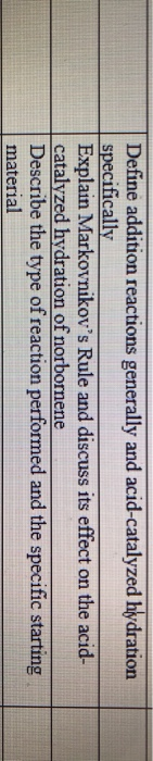 Define addition reactions generally and acid-catalyzed hydration specifically Explain Markovnikovs Rule and discuss its effe