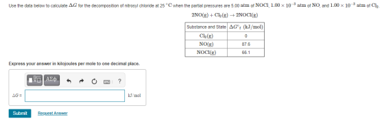 Use the data below to calculate AG for the decomposition of nitrosyl chloride at 25°C when the partial pressures are 5.00 atm