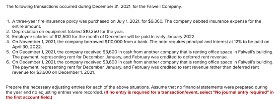 The following transactions occurred during December 31, 2021, for the Falwell Company. 1. A three-year fire insurance policy