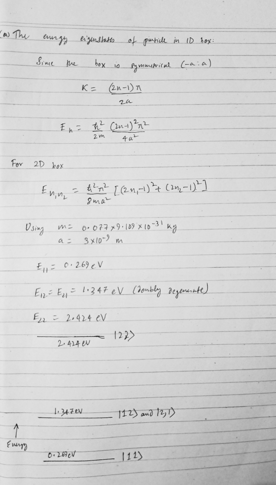 a) The enngy eigenstates of puntill in 10 hox: Since the box is symmetrical (-aia) K= (2n-1) a za Ena th² (20) 272 2m 40² For