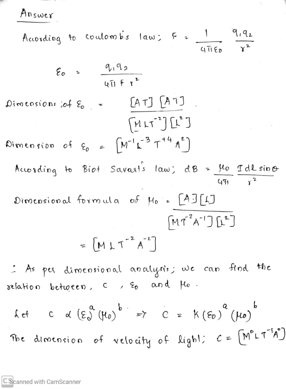 Answer According to coulombs law; F = 1 9192 ع ) و 72 Eo a nsion 9,92 4To Fr ² Dimensions : of E. [AT] [A7] (Mat] [1] Dimen