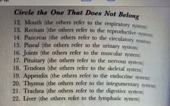 TVI Circle the One That Does Not Belong 12. Mouth (the others refer to the respiratory syster 13. Rectum (the others refer to the reproductive-system 14. Pancreas (the others refer 15. Pineal (the others refer to the urinary system) 16. Joints (the others refer to the muscular system 17. Pituitary (the others refer to the nervous system) 18. Tendons (the others refer to the skeletal system 19. Appendix (the others refer to the endocrine system 20. Thymus (the others refer to the integumentary system 21. Trachea (the others refer to the digestive system) 22. Liver (the others refer to the lymphatic system) to the circulatory system