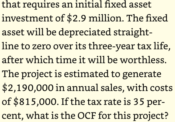 that requires an initial fixed asset investment of $2.9 million. The fixed asset will be depreciated straight- line to zero o