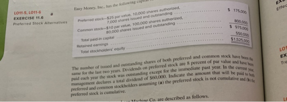 EXU Effed Easy Money, Inc., has the following capital $ 175.000 LO11-5, LO11-6 EXERCISE 11.6 Preferred Stock Alternatives Pre