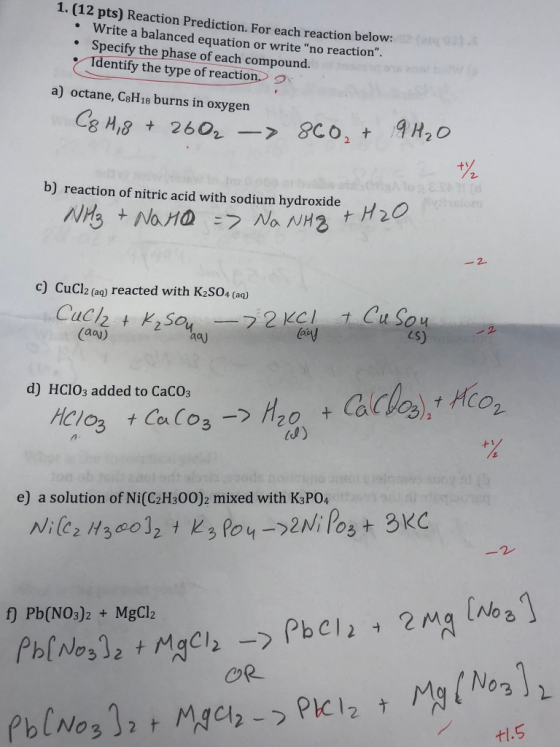 1. (12 pts) Reaction Prediction. For each reaction below: o Write a balanced equation or write no reaction * Specify the phase of each compound. Identify the type of reaction a) octane, CeHi8 burns in oxygen b) reaction of nitric acid with sodium hydroxide2 c) CuCl2 (aq) reacted with K2S04 (ag) Zs) (aay) d) HCIO3 added to CaCOs td) e) a solution of Ni(C2H300)2 mixed with K3PO4 一2- f) Pb(NO)2+ MgClz OR