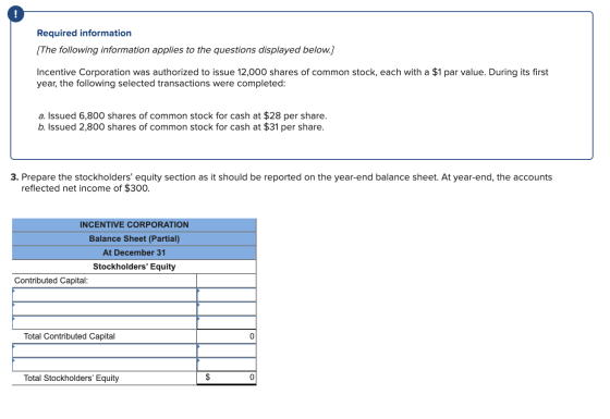 Required information [The following information applies to the questions displayed below.] Incentive Corporation was authoriz