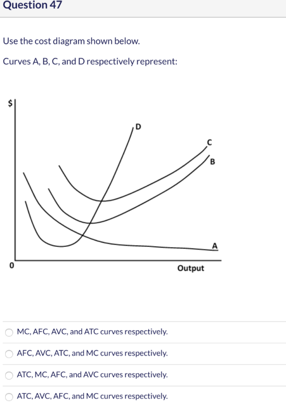 Question 47 Use the cost diagram shown below. Curves A, B, C, and Drespectively represent: Output O MC, AFC, AVC, and ATC cur