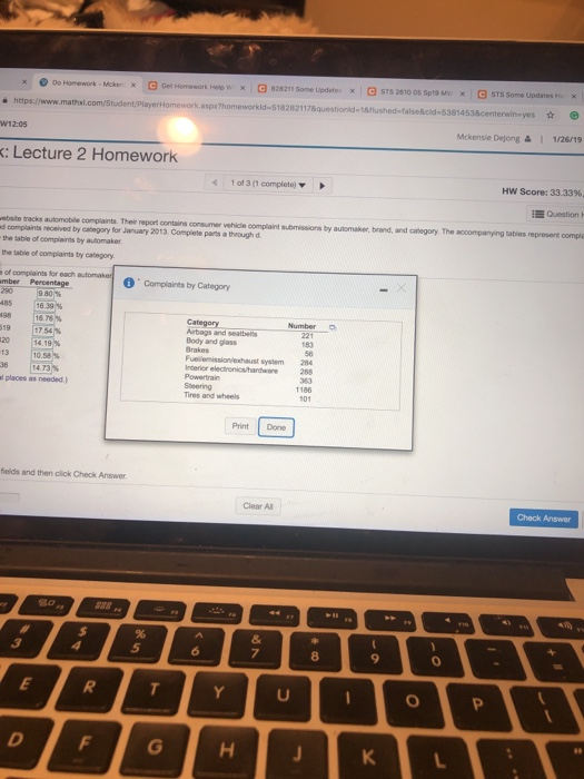 G Get Homework Help w828211 Some UpdatesG STS 2610 05 5p19 MC STS Some Updates oX d-5182821178questionld-18flushed-false&cid-5381453&centerwineyese Do Homework Mcke G Get Some Homework Help wx G Mckensie Dejong &1 1/2619 : Lecture 2 Homework Hw Score: 33.33% 1 of 3(1 complete) Y obsito tacks automobile compiaints Their report contains consumer vehicle compiaint submissions by automaker, brand, and canegory, The accompanyýing tabies represent comple d complaints received by category for January 2013 Complete parts a through d the table of complaints by automaker the table of complaints by category of complaints for each automaken O. compares by Category Category Number 221 1676% (1754 % 14 19% 10.58 14 73% 019 Body and glass 13 ystem284 l places as needed.) 1186 Tires and wheels Print Done fields and then click Check Answer Clear Al Check Answer 7 8 9 0
