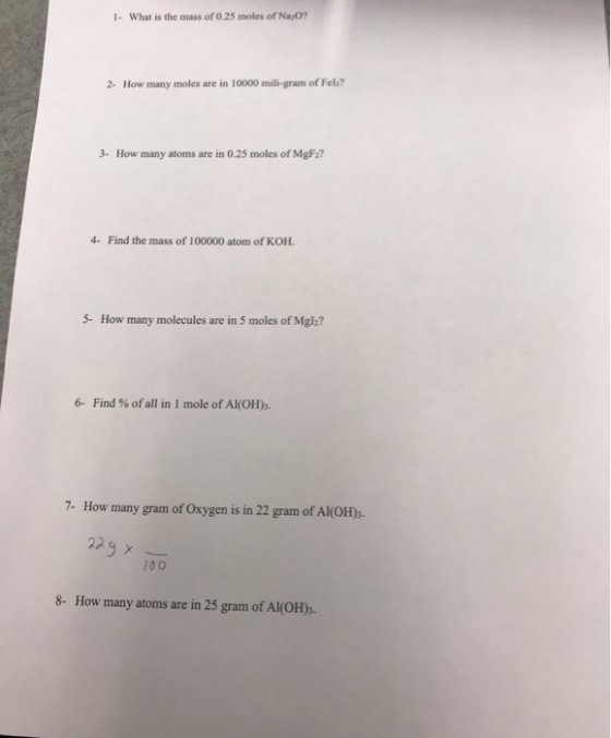1. What is the mass of 0.25 moles of Na.O? 2- How many moles are in 10000 miligram of Fels? 3. How many atoms are in 0.25 mol