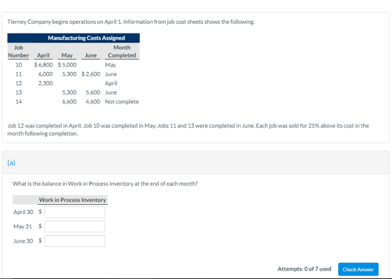 Tierney Company begins operations on April 1. Information from job cost sheets shows the following. Manufacturing Costs Assigned Job Month Number April MayJune Completed 10 $6,800 $5,000 11 6,000 5,300 $ 2.600 June 12 13 14 May 2,300 April 5,300 5,600 June 6,600 4,600 Not complete Job 12 was completed in April. Job 10 was completed in May. Jobs 11 and 13 were completed in June. Each job was sold for 25% above its cost in the month following completion. What is the balance in Work in Process Inventory at the end of each month? Work in Process Inventory April 30 $ May 31$ June 30 $ Attempts: 0 of 7 used C Check Answer