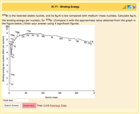 31.71 - Binding Energy 209Bi is the heaviest stable nuclide, and its BE/A is low compared with medium-mass nuclides. Calculate BE/A, the binding energy per nucleon, for 209Bi. (Compare it with the approximate value obtained from the graph in the figure below.) Enter your answer using 4 significant figures 2 6 Fe Zn Kr Mo Sm 7.6 238U He 150 200 Atomic mass 7.646 Mev Submi Answer Incorrect. Tries 1/10 Previous Tries