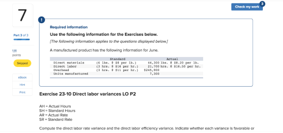 Check my work Part 3 of 3 Required information Use the following information for the Exercises below. (The following informat
