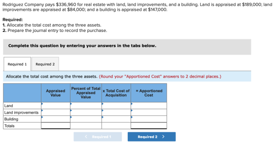 Rodriguez Company pays $336,960 for real estate with land, land improvements, and a building. Land is appraised at $189,000;
