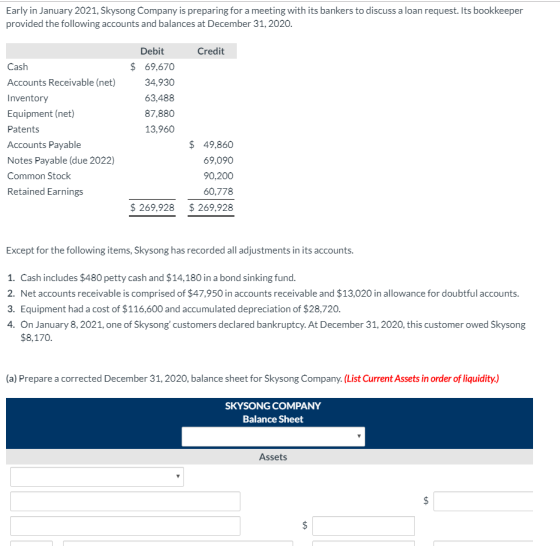 Early in January 2021, Skysong Company is preparing for a meeting with its bankers to discuss a loan request. Its bookkeeper