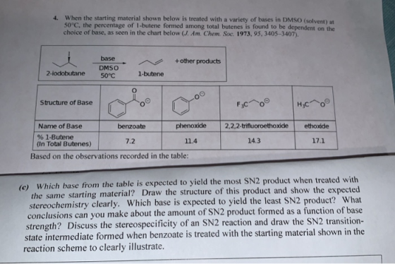 4. When the starting material shown below is treated with a variety of bases in DMSO (solvent) 50°C, the percentage of 1-bute