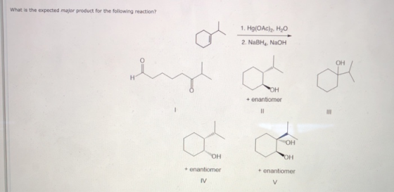 What is the expected major product for the following reaction? 1. Hg(OA), H20 2. NaBH, NaOH 79 + enantiomer OH TOH + enantiom