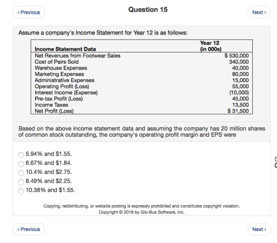 Question 15 Previous Next> Assume a companys Income Statement for Year 12 is as follows Year 12 in 000s Income Statement Data Net Revenues from Footwear Sales Cost of Pairs Sold Warehouse Expenses Marketing Expenses Administrative Expenses Operating Profit (Loss) Interest Income (Expense) Pre-tax Profit (Loss) Income Taxes Net Profit (Loss $530,000 340,000 40,000 80,000 15,000 55,000 (10,000) 45,000 13,500 S 31,500 Based on the above income statement data and assuming the company has 20 million shares of common stock outstanding, the companys operating profit margin and EPS were O 5.94% and $1.55 O 6.67% and $1.84 10.4% and $2.75 8.49% and $2.25 O 10.38% and $1.55 Copying, redistributing, or website posting is expressly prohibited and constitutes copyright violation. Copyright 2018 by Glo-Bus Software, Inc. < Previous Next>