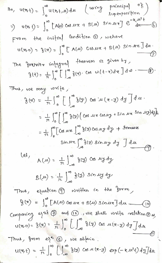 SU 80, 4(xt) = Jºula+nde) de ( wing principal of) superposition 3) uw t) = AW) Cos wx + Blue) Brin diz] e o from the initial
