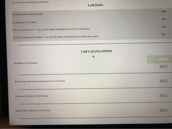 More Information on submitting your Lab Report LAB DATA Concentration (M) of starting solution Transmittance, T. (Blank) T (1