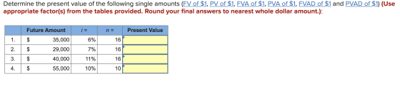 Determine the present value of the following single amounts (FV of $1, PV of $1, FVA of $1, PVA of $1, FVAD of $1 and PVAD of