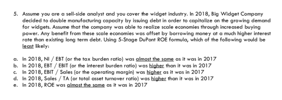 5. Assume you are a sell-side analyst and you cover the widget industry. In 2018, Big Widget Company decided to double manufacturing capacity by issuing debt in order to capitalize on the growing demand for widgets. Assume that the company was able to realize scale economies through increased buying power. Any benefit from these scale economies was offset by borrowing money at a much higher interest rate than existing long term debt. Using 5-Stage DuPont ROE formula, which of the following would be least likely: a. In 2018, NI/EBT or the tax burden ratio) was almost the same as it was in 2017 b. In 2018, EBT /EBIT (or the interest burden ratio) was higher than it was in 2017 c. In 2018, EBIT Sales (or the operating margin) was higher as it was in 2017 d. In 2018, Sales/TA (or total asset turnover ratio) was higher than it was in 2017 e. In 2018, ROE was almost the same as it was in 2017