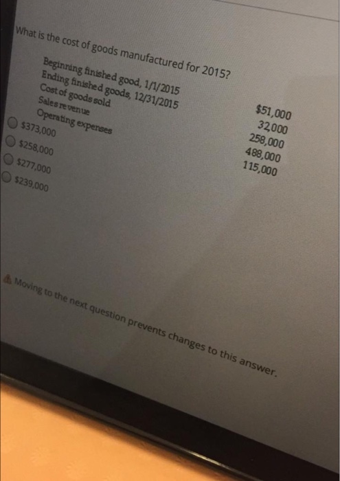 What is the cost of goods manufactured for 2015? Beginring finished good, 1/1/2015 Ending finished goods, 12/31/2015 Cost of