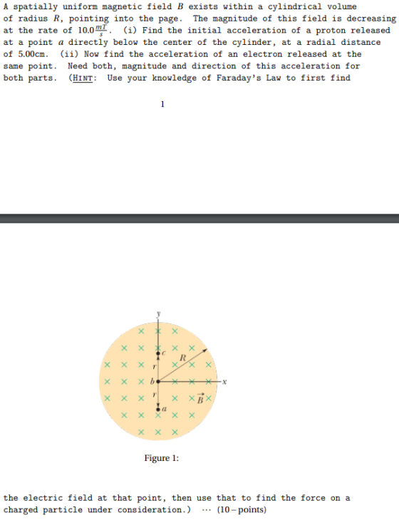 A spatially uniform magnetic field B exists within a cylindrical volume of radius R, pointing into the page. at the rate of 1