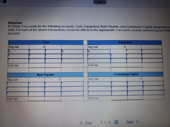 Surved Required: 1. Create T-accounts for the following accounts: Cash, Equipment, Note Payable, and Contributed Capital. Beg