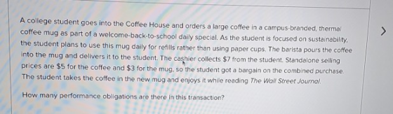 A college student goes into the Coffee House and orders a large coffee in a campus-branded, thermal coffee mug as part of a w