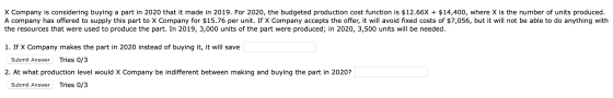 X Company is considering buying a part in 2020 that it made in 2019. For 2020, the budgeted production cost function is $12.6