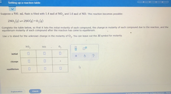 Setting up a reaction table Suppose a 500 ml flask is filled with 1.4 mol of NO, and 1.6 mol of NO. This reaction becomes pos