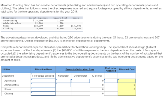 Marathon Running Shop has two service departments (advertising and administrative) and two operating departments (shoes and c