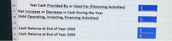 Net Cash Provided By or Used For (Financing Activitis) S 36 37 Net Increase or Decrease in Cash During the Year 38 (Add Opera