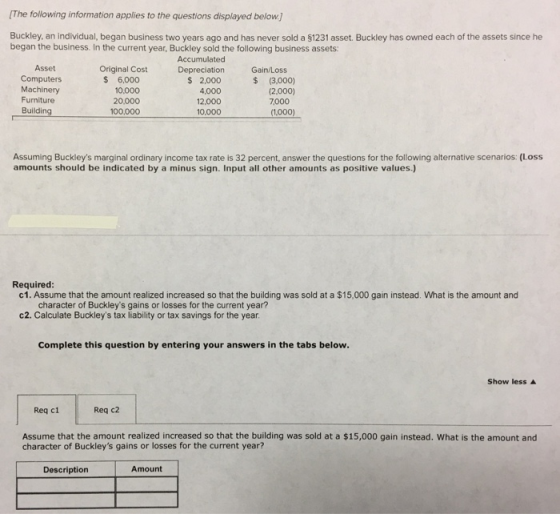 [The following information applies to the questions displayed below.] Buckley, an individual, began business two years ago an