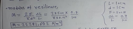 modulus of resilience, M= 2 E E OL = 2x500 x Td2 L TX0.012 IM= 22 281.692 N/m2 L = loom d=1cm F=soon OL = 0.7 0.7 100 41 ...