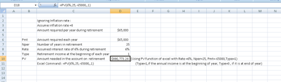 fx =PV(6%, 25,-65000,,1) 010 A B D E F G H I K L M N Ignoring Inflation rate : Assume inflation rate=0 Amount required per ye