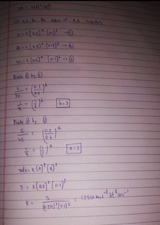rate = K[A a 676 let a,b be the orders of A, B respectively g=*[ 0.27 9 (0.1) - 0 20 = x (0-2)^ (0-275 + us=k (06] a [0.17 Di