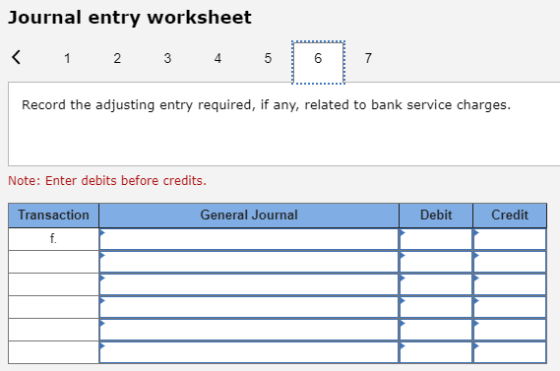 Journal entry worksheet 1 2 4 5 6 7 Record the adjusting entry required, if any, related to bank service charges. Note: Enter