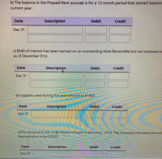b) The balance in the Prepaid Rent account is for a 12-month period that started Septem current year. Date Description Debit