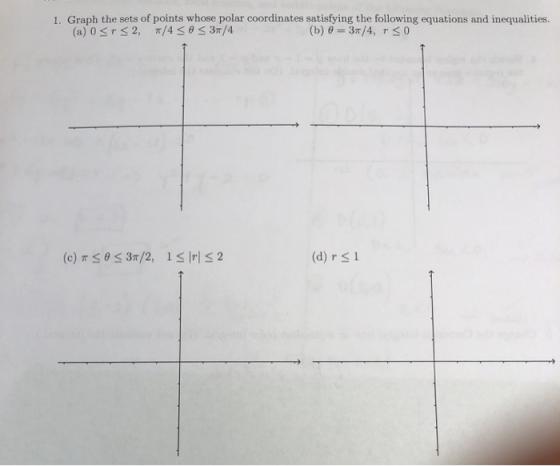 1. Graph the sets of points whose polar coordinates satisfying the following equations and inequalities. (a) o Sr S2, 7/4 SOS