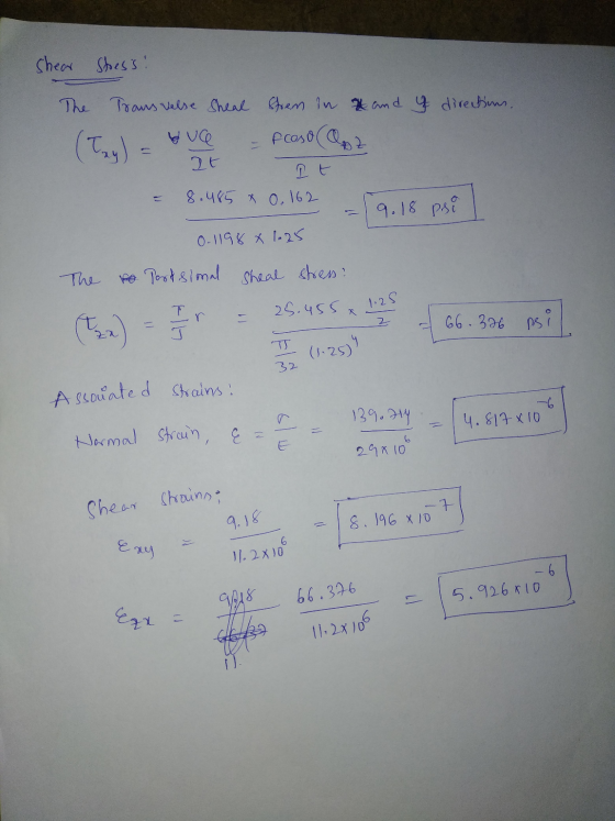 Shear Stress! The Trans velse Sheal Strem in vuce - fcoso (Coz and y directions. It It = 8.465 * 0,162 -19.18 psi I 0-1198 x