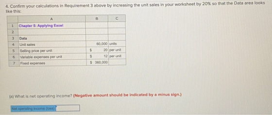 4. Confirm your calculations in Requirement 3 above by increasing the unit sales in your worksheet by 20% so that the Data ar