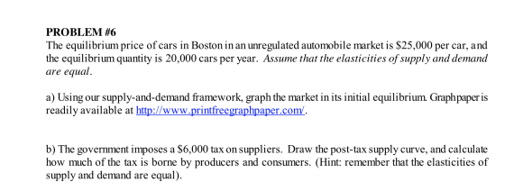 PROBLEM #6 The equilibrium price of cars in Boston in an unregulated automobile market is $25,000 per car, and the equilibriu