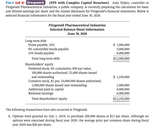 P16.5 (LO 5) Groupwork (EPS with Complex Capital Structure) Amy Dyken, controller at Fitzgerald Pharmaceutical Industries, a