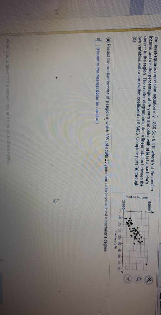 550001 The least-squares regression equation is y = 856.5x +9.410 where y is the median income and x is the percentage of 25