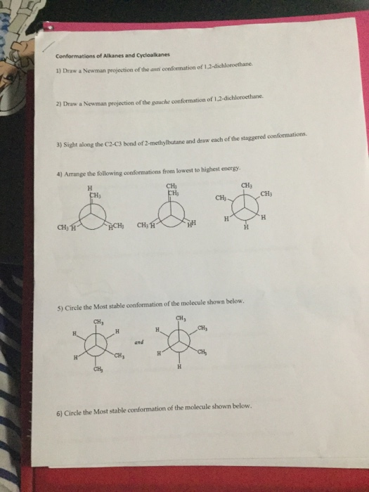 Conformations of Alkanes and Cycloalkanes 1) Draw a Newman projection of the anni conformation of 1.2-dichloroethane che conf
