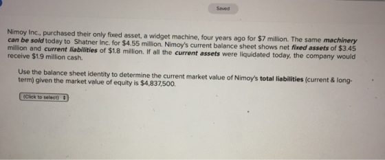 Saved Nimoy Inc., purchased their only fixed asset, a widget machine, four years ago for $7 million. The same machinery can b