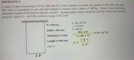 PROBLEM: 2 A sheet of glass measuring 2 m by 200 mm by 2 mm contains a central slit parallel to the 200 mm side. The sheet is